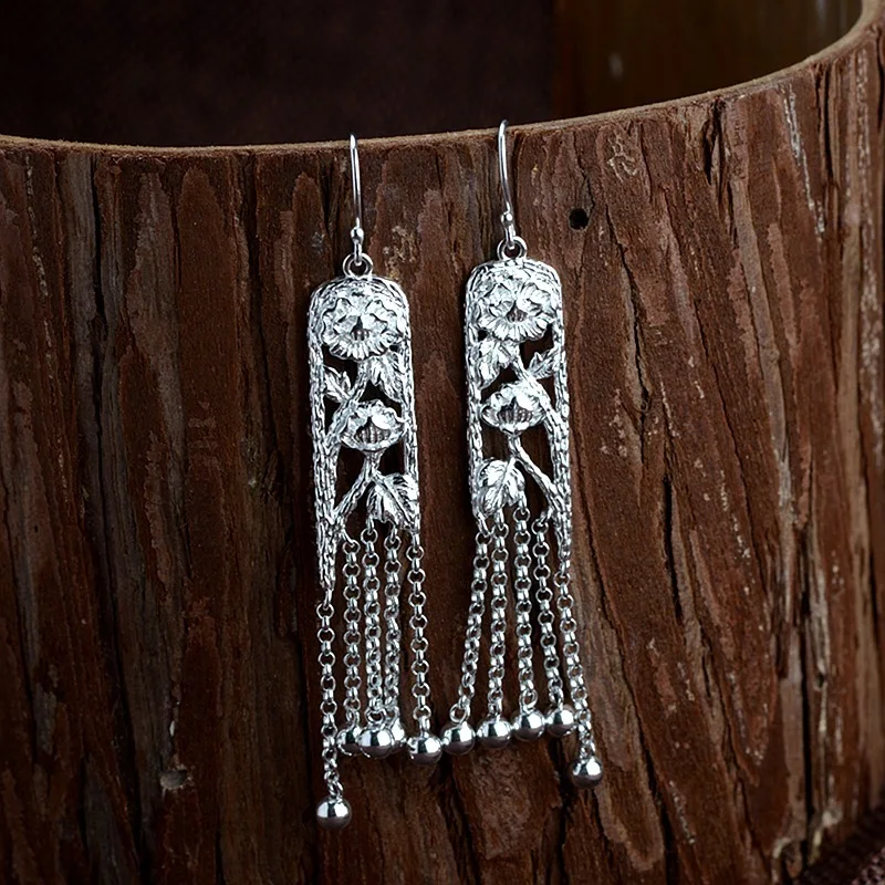 

100%925silver restoring ancient ways bluing process eardrop women tassel accessories long silver earrings