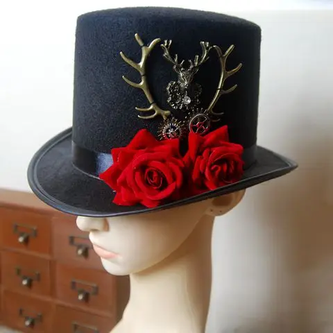 

Steampunk Gear & Deer Head Top Hat Retro Gothic Lolita Fedoras Hats with Rose Flower Punk Hats Cosplay Party Hair Accessories