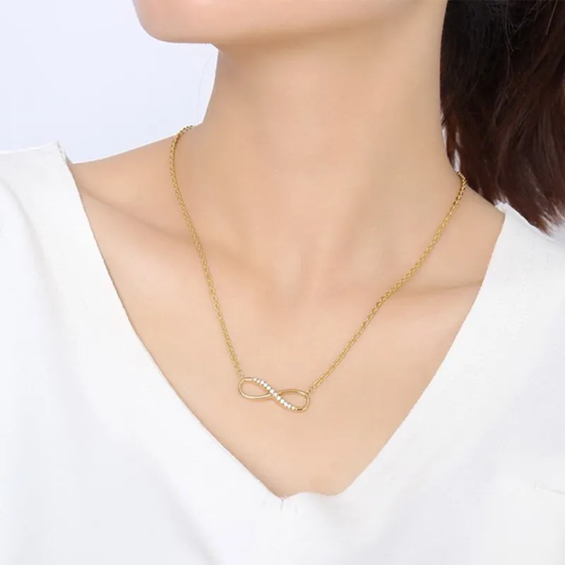 Ladies Fashion Gold-Color Stainless Steel Chain Infinity Pendant Necklace AAA+ Cubic Zirconia Pave Women Collar Necklace
