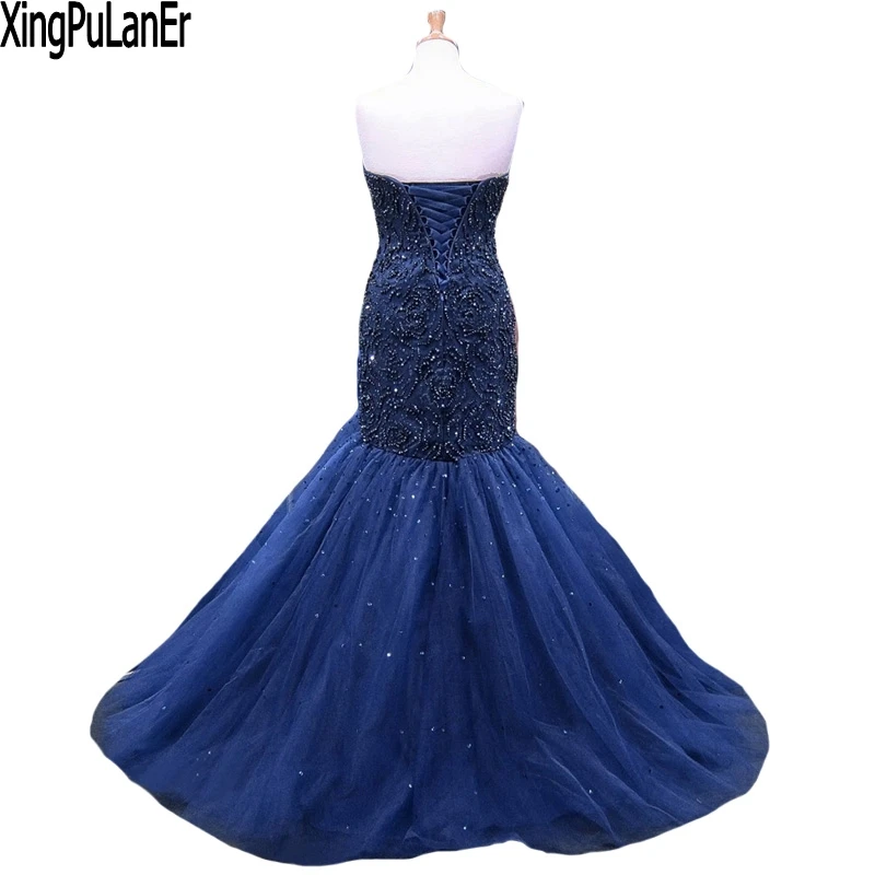 Xingpulaner longo vestido de baile 2018 real sereia querida frisado cristais feminino azul marinho formal vestidos de noite