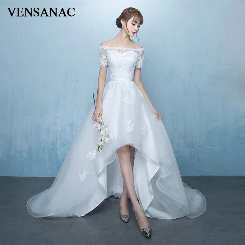 

VENSANAC Illusion Boat Neck Lace Appliques High Low Wedding Dresses Elegant Sash Sweep Train Bridal Gowns