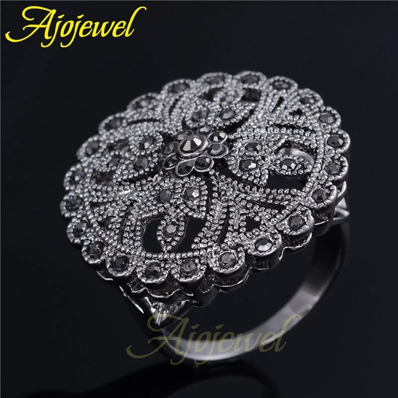 Ajojewel Hollow Out Round Flower Finger Rings For Women Original Antique Jewelry Black Rhinestone Vintage Lady Ring