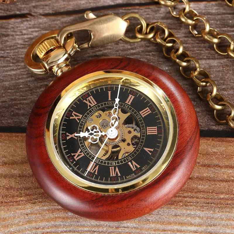 Vintage Wood Case Mechanical Pocket Watch Roman Numerals Dial Hand Wind Men Skeleton Reloj With FOB Chain Pendant For Man Ladies