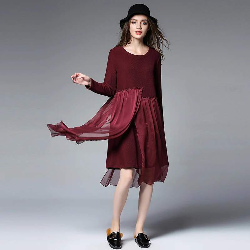 Knitted Together Chiffon Dress, Slim Fit, Long Sleeve, Crew Neck Casual Dress Bottom Dresses, Folds, Autumn, Winter, New Fashion