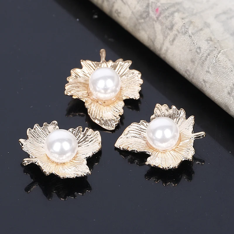 2016New 100Pcs Gold Maple Leaves Pearl Center Buttons for DIY Hair Accessories or Wedding Decoration HZ154