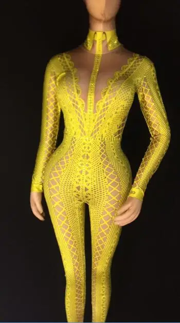 Geel Zwart Wit Gedrukt Steentjes Jumpsuit Stretch Een Stuk Nachtclub Zanger Danser Vrouwen Party Wear Sexy Bodysuit