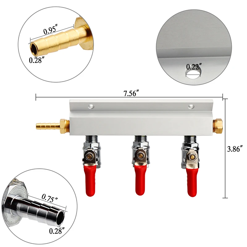 3 Way CO2 Gas Distribution Manifold with 9mm Hose Barb inlet/outlet fittings For Draft Beer Keg, Home brewing Check Valves