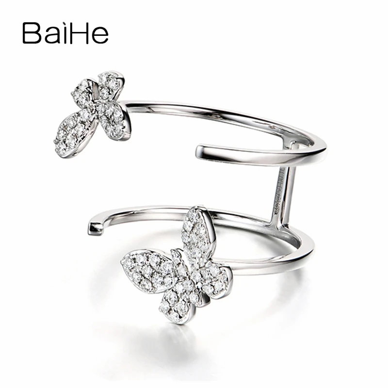 BAIHE Solid 14K White Gold 0.16ct H/SI Natural Diamond Butterfly Ring Women Trendy Party Fine Jewelry Making Anel Borboleta