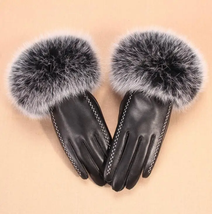 Women's autumn and winter thicken fleece lining glove lady's natural sheepskin leather glove genuine fox fur driving glove R293