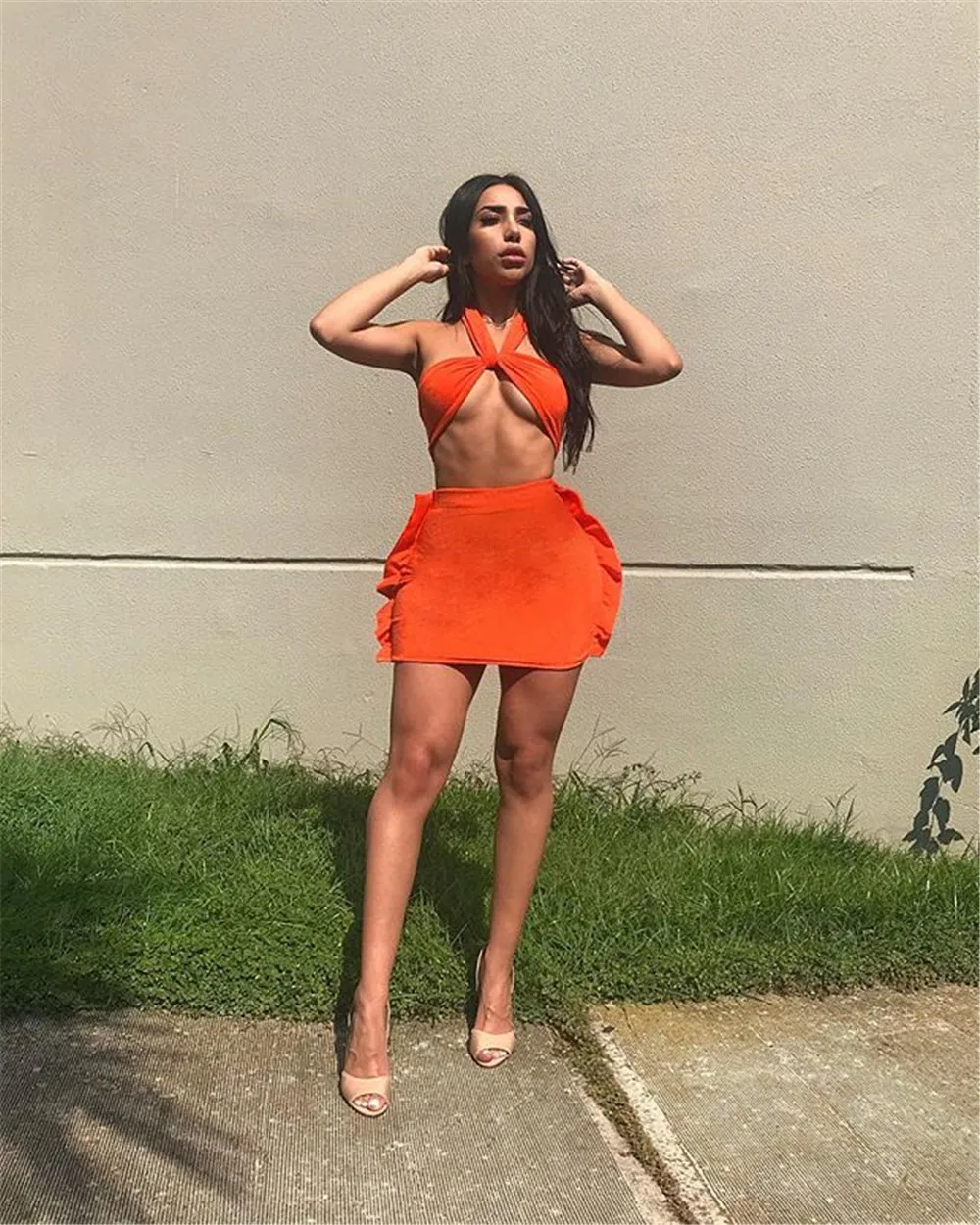 BKLD Women Fashion Solid Two Pieces Set 2024 Summer Orange Halter Sleeveless Crop Top Two Piece Skirt Set Women Outfit Tracksuit