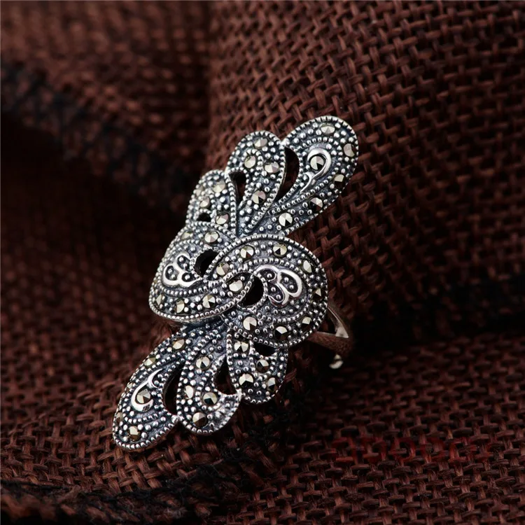 Vintage 925 Sterling Silver Ring with Marcasite Stones for Women Girls,Adjustable,Free Shipping
