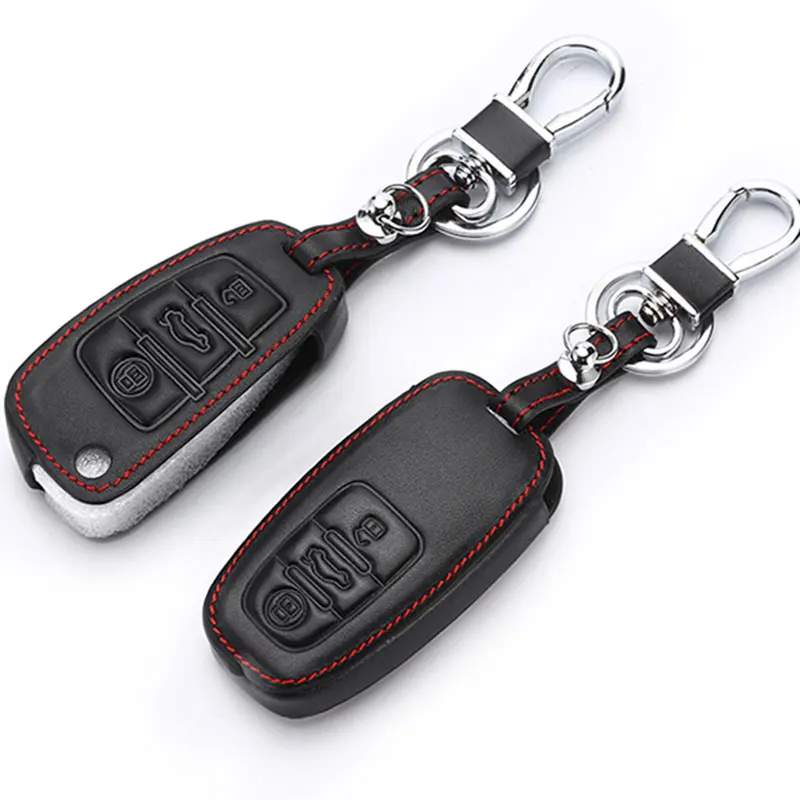 Leather Car Key Case Keychain for Audi A3 A4 A6 A8 TT Allroad Cabriolet Quattro 3 Buttons Folding Remote Fob Cover holder