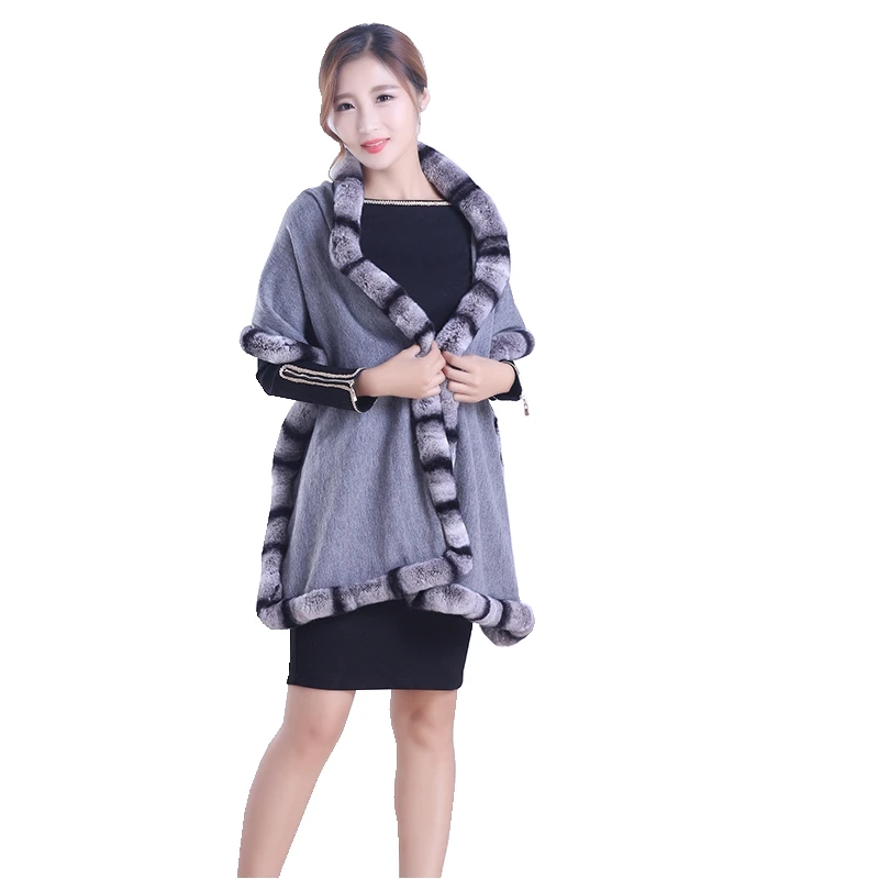 

Lady Fashion Autumn Winter Cashmere Wraps with Rex Rabbit Fur Trimming Women Pashmina Shawl Neck Rings LF5006