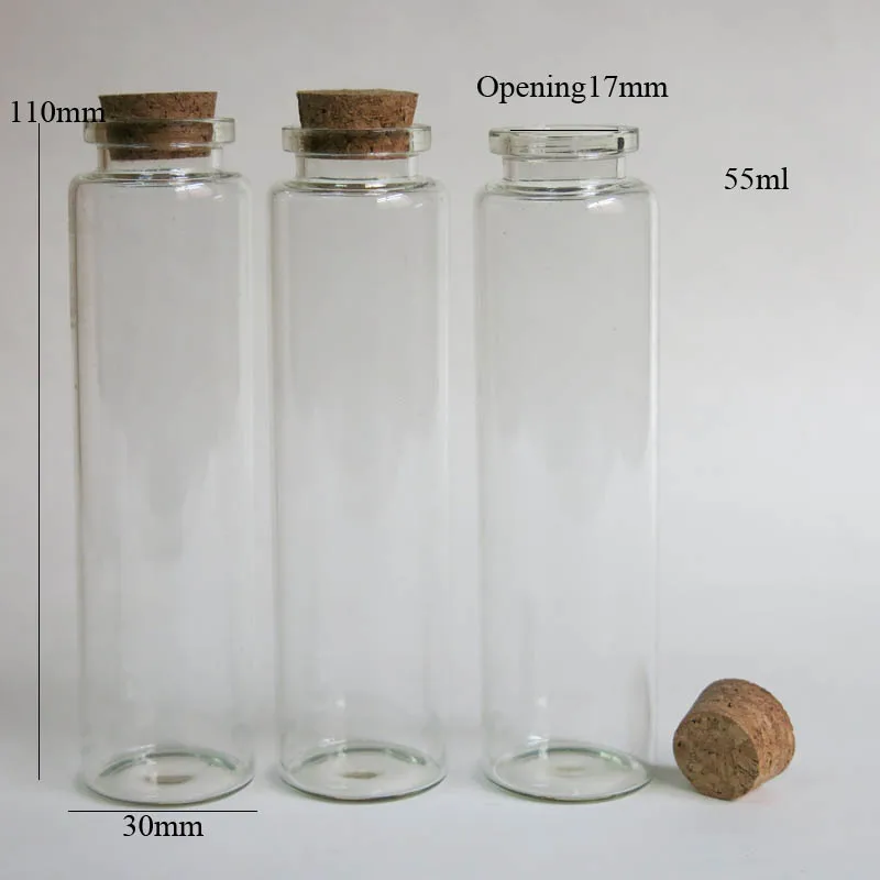 360 x 55ml Empty Clear Glass Bottle with Cork 50cc Cork Stoppers Bbottle Vials Display Glass Container with Cork Lid 30*110*17mm