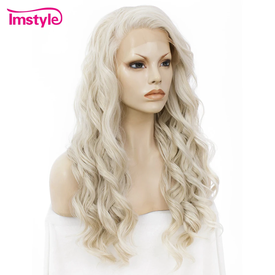 Imstyle Ash Blonde Wig Synthetic Lace Front Wig Long Wavy Cosplay Wigs Heat Resistant Fiber Wigs For Women 24 Inches