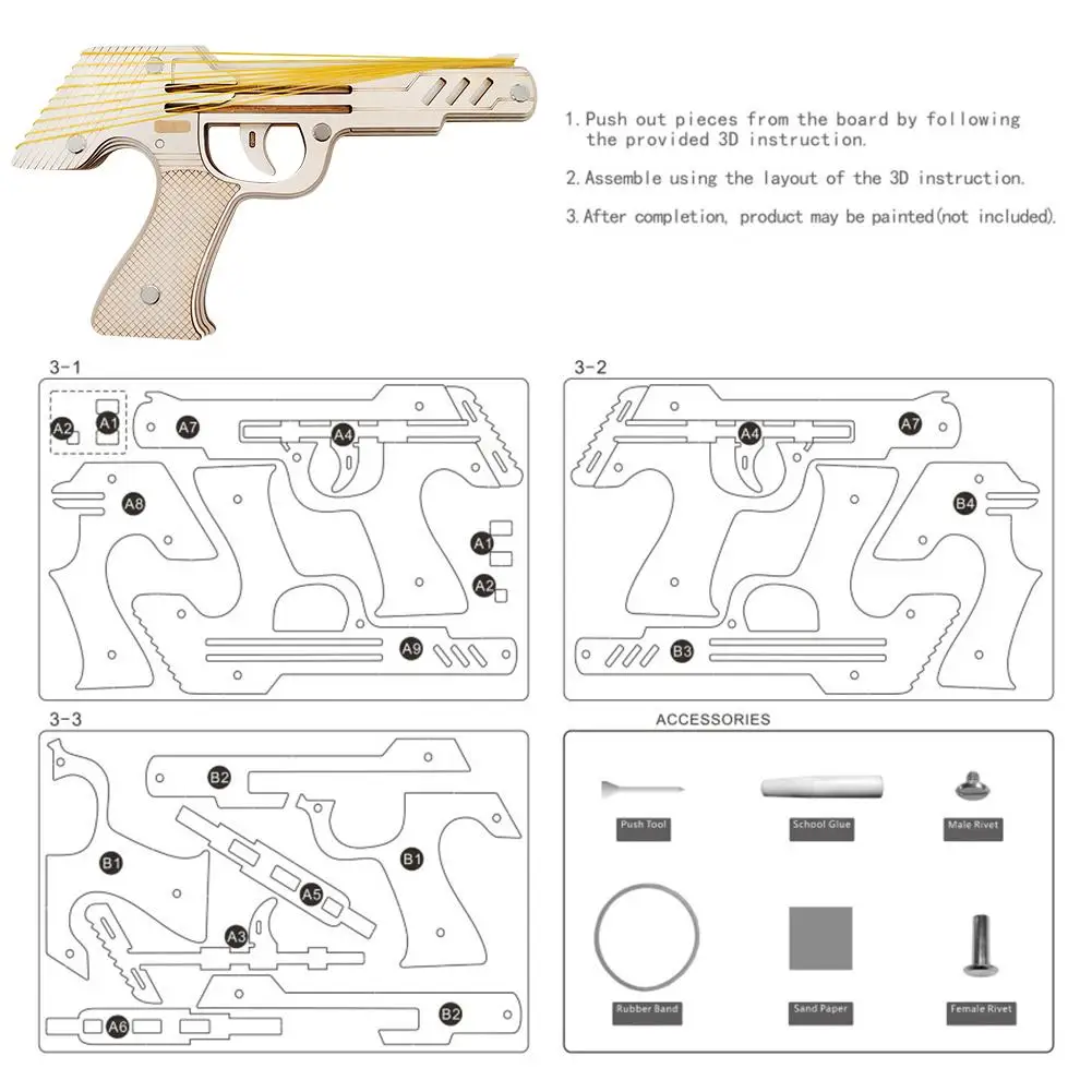 Negen Burst Rubber Band Pistool Speelgoed 3D Houten Puzzel Mechanische Model Kit Diy Bouw Machines Rubber Band Pistool Speelgoed