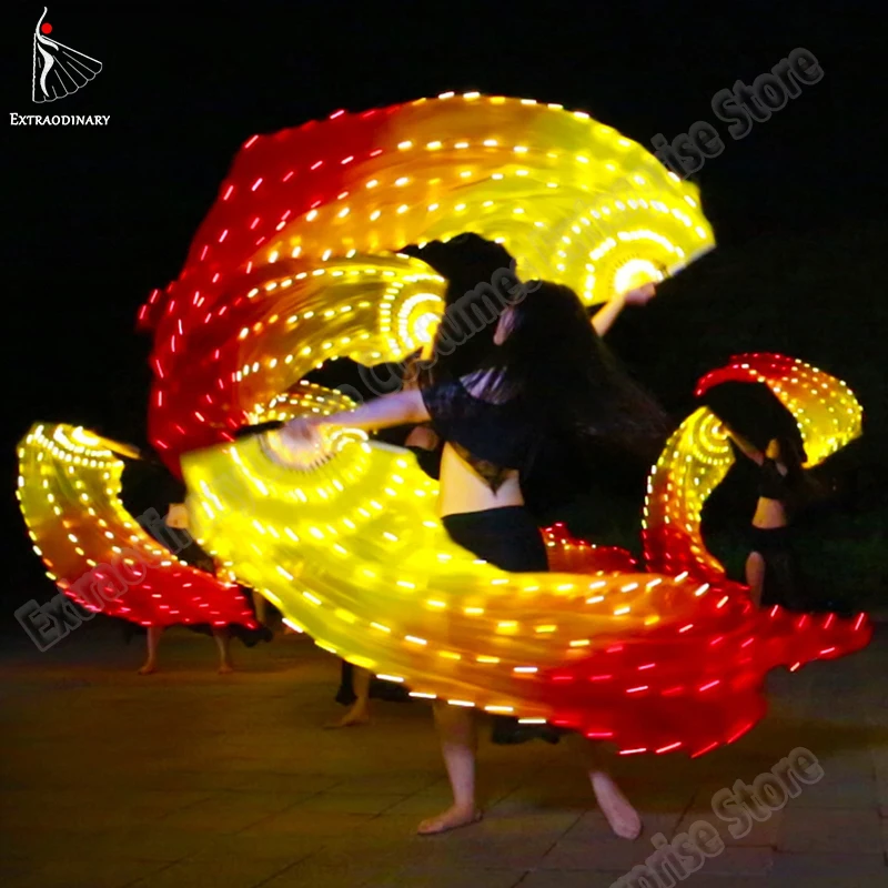 Belly Dance Fan Veils Silk LED Light Show Led Silk Fan Veil Yellow Red Prop Accessories Stage Performance Rechargeable