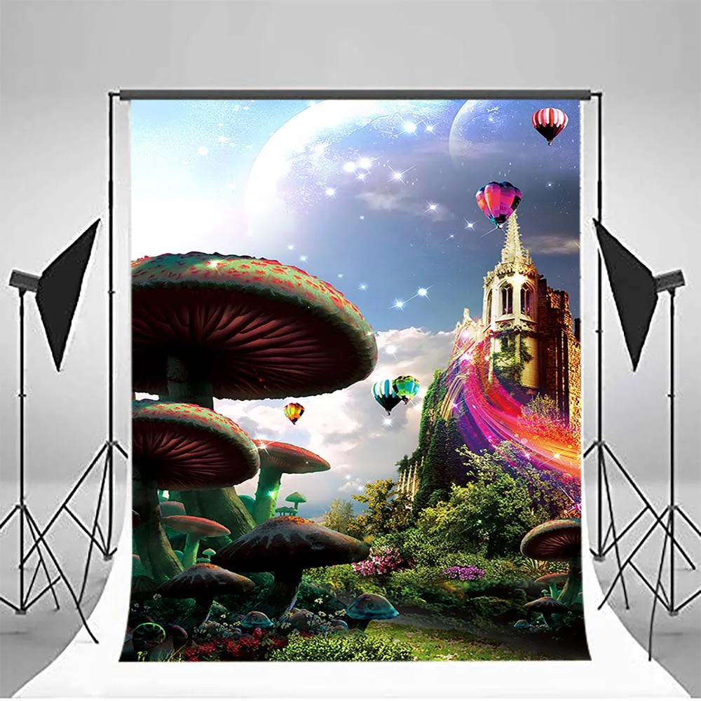 

Fairy Forest Photo Backdrops for Photography Castle Glitter Sky Backgrounds Hot Air Balloons Mushroom Props MW-309