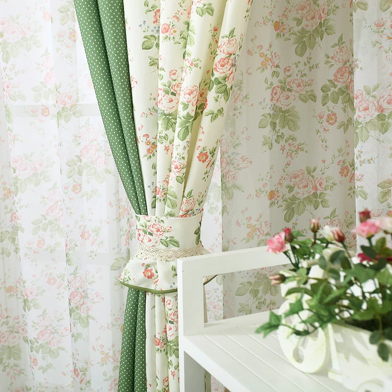 Korean style Printed flower Splice color Decorative Blackout curtains fabric tulle Window Treatment for Bedroom/Living Room