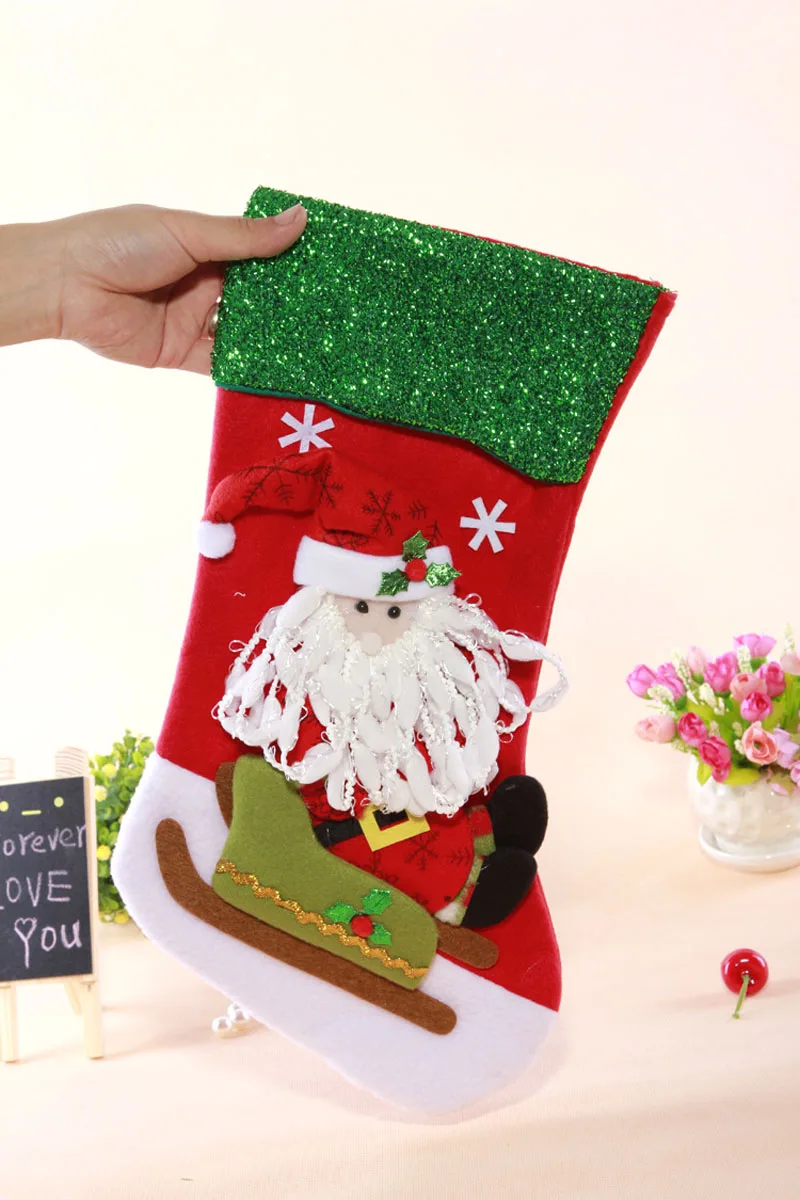 50pcs Christmas Stocking 19*40cm Felt Candy Gift Bag Glitter Pendant Santa Claus Xmas Tree Ornament Decoration ZA4665