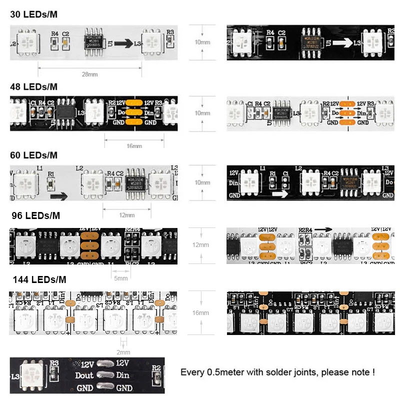 Bande lumineuse LED RVB adressable SMD, WS2811, 5050, 30, 48, 60, 96, 144, gible, externe, 1, contrôle IC, 3 LED, luminosité normale, DC 12V