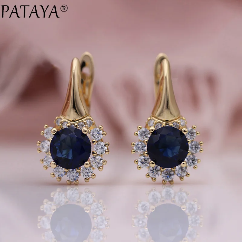 PATAYA New Round Dark Blue Wedding Dangle Earrings Women Cute Flower Fashion Jewelry 585 Rose Gold Color Natural Zircon Earrings