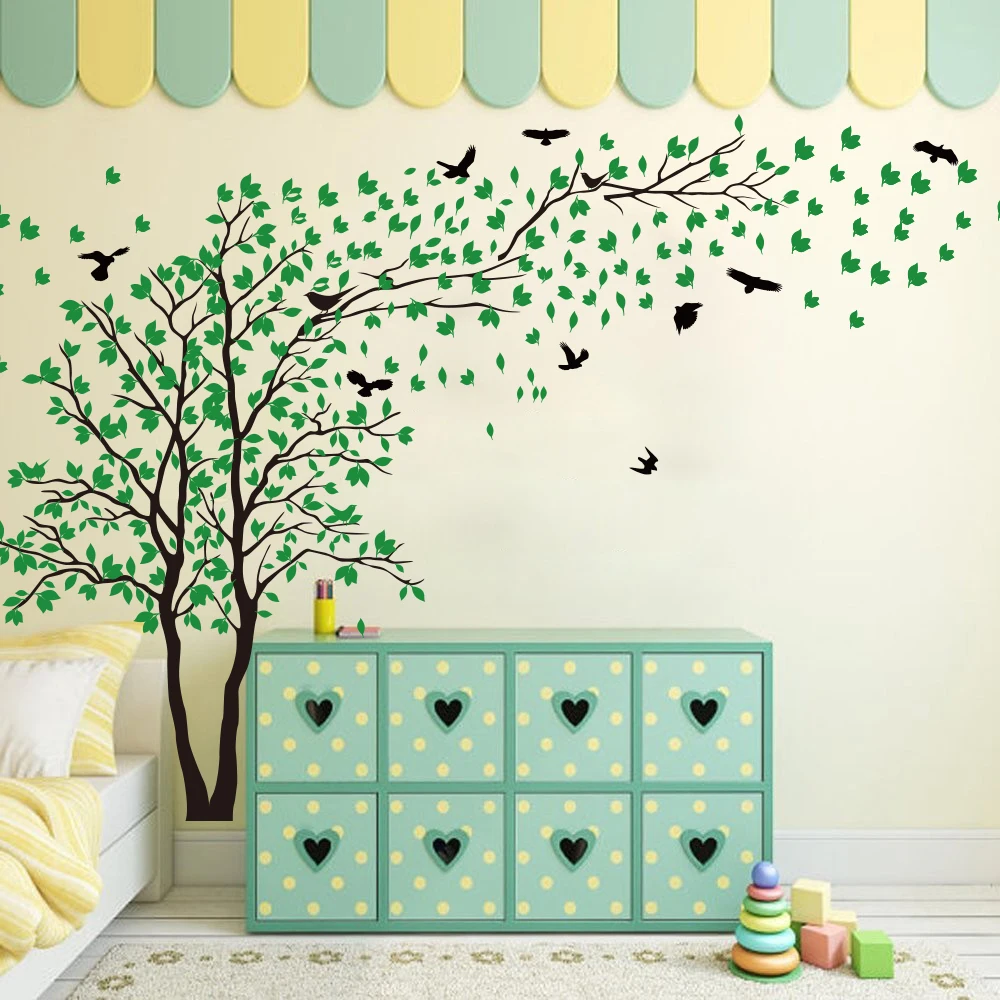 Large Tree Leaves Birds Wall Sticker Bedroom Living Room Wildlife Nature Landscape Tree Plant Animal Wall Decal Nursery Vinyl