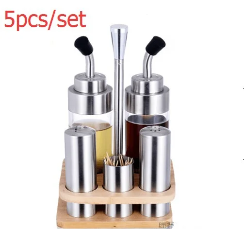 

Wooden Seat Portable 5 Pieces Set The Oiler Seasoning Cans Oil Bottle Toothpick Holder Condiment Bottles