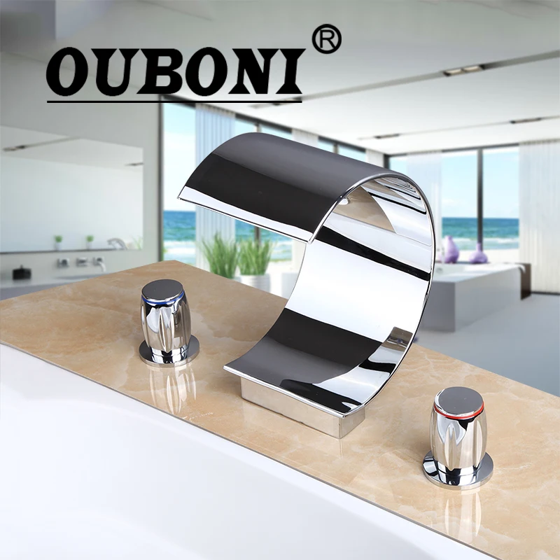 

OUBONI Polished Chrome Torneira Banheiro Two Handles Deck Mounted Bathroom Widespread Faucet Bathroom Basin sink Mixer Taps