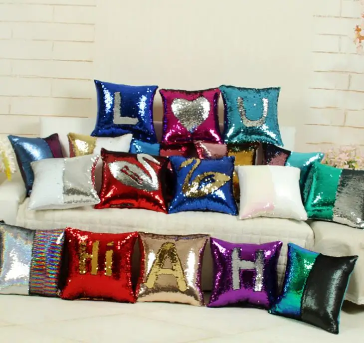 Sequin Pillow Cover Cushion Case Glitter Mermaid Fairy Tale Faux Soft Suede Throw Pillowcase Party Seat Sofa Bed Decor 16*16