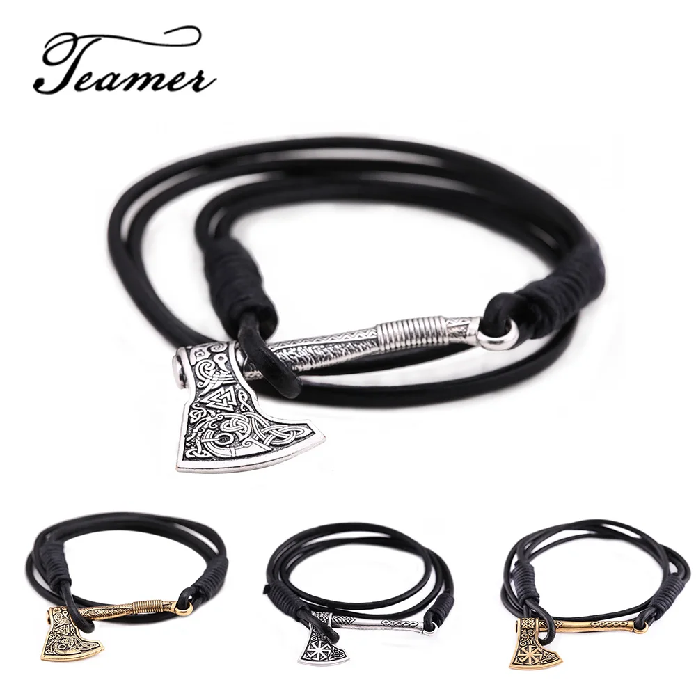 Teamer Real Leather Rope Bracelets Men Axe Charm Nordic Viking Bracelet Sun Slavic Punk Bracelets Amulet Jewelry Gifts