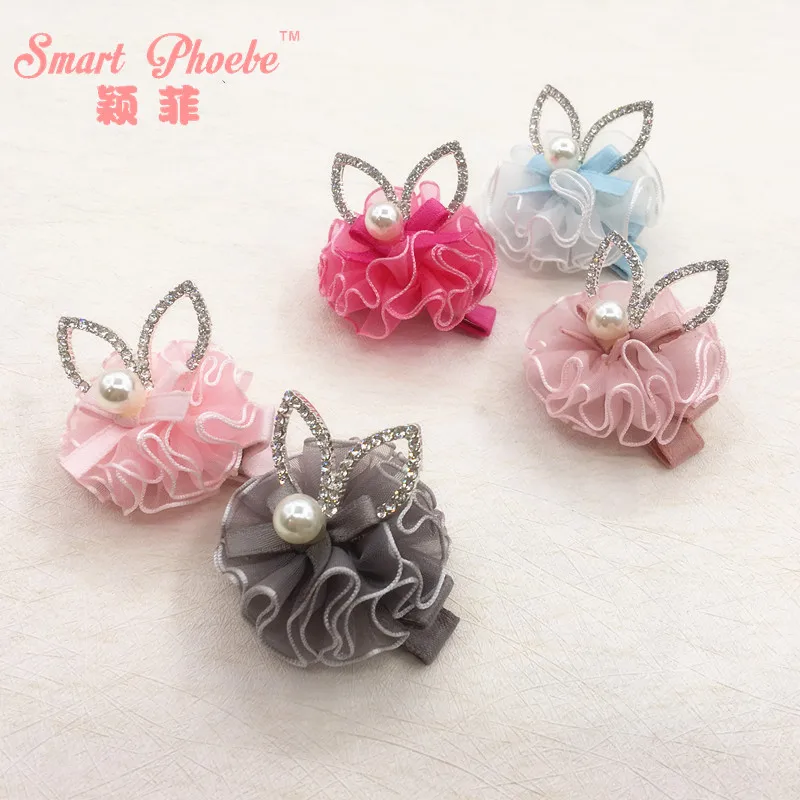 

Boutique 10pcs Fashion Cute Glitter Gemstone Rabbit Ears Hairpins Solid Gauze Floral Animal Ears Hair Clips Princess Headwear