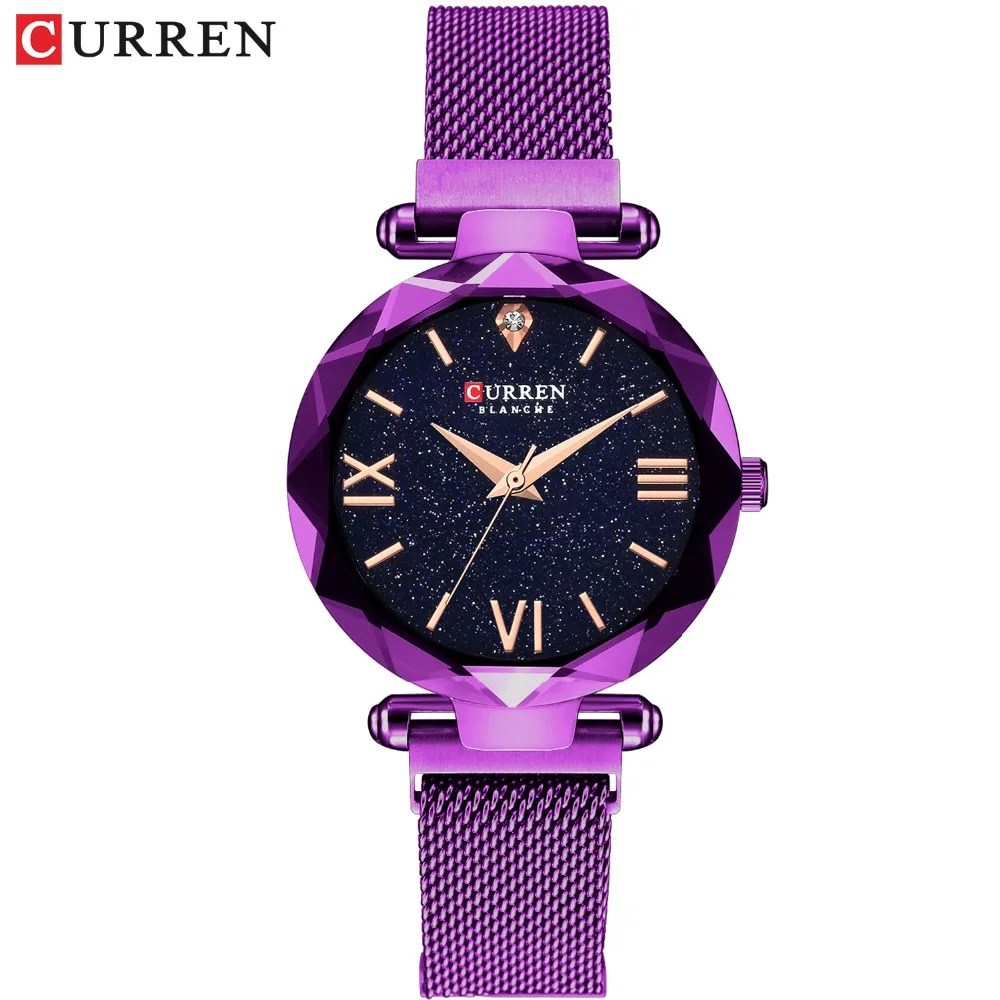 CURREN Luxury Diamond Ladies Watches Fashion Creative Women Wristwatch Romantic Starry Sky Quartz Watch Valentine Gift Purple