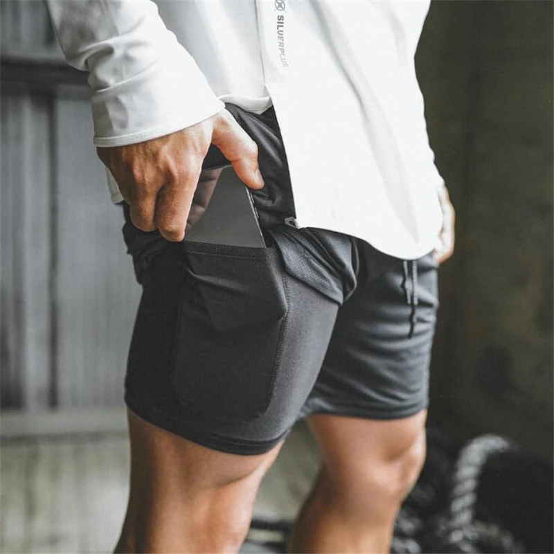 Short masculino 2 em 1 de camuflagem, bermuda esportiva para academia, calção de camuflagem de fácil secagem para treinar corrida, calça curta com bolsos de segurança