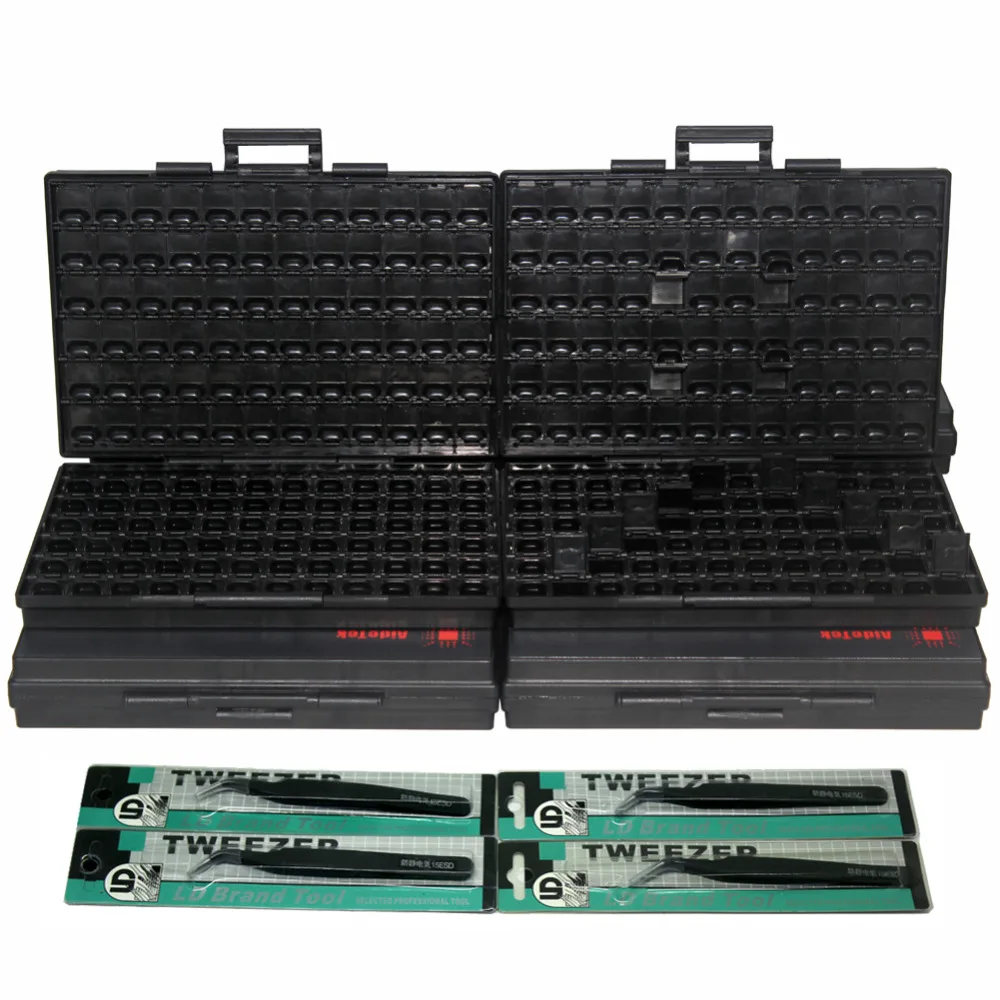 AideTek 4BOX- ESD Safe SMD IC Box W/144 Bins Anti-statics SMD SMT Organizer Transistor Diode plastic part box labels 4BOXALLAS