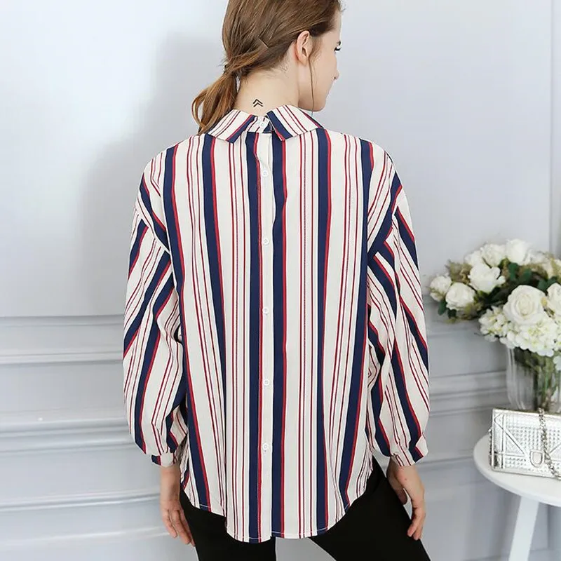 Spring Summer Stripe Chiffon Shirt Women Long Sleeve Turn Down Collar Loose Casual Blouse Female Bowknot Fashion Girl Top H9079