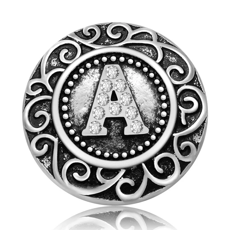 New KZ3092 Beauty Charm Round pattern crystal 26pcs A-M Alphabet Letters Metal 18MM snap buttons for DIY snap jewelry