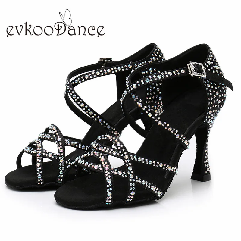 Evkoodance Latin Dance Shoes Brown / Black With Rhinostone 9-9.5cm Heel Height Professional For Women  Evkoo-514 DIY Dance Shoes