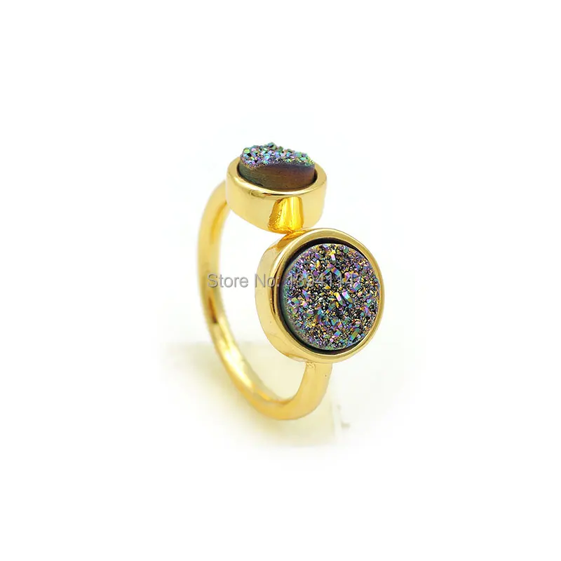 

6mm&8mm Combination Of 2 Crystals Druzy Round Setting Ring Gold Plated Titanium Coated Rainbow Silver AB Black Approx 20mm