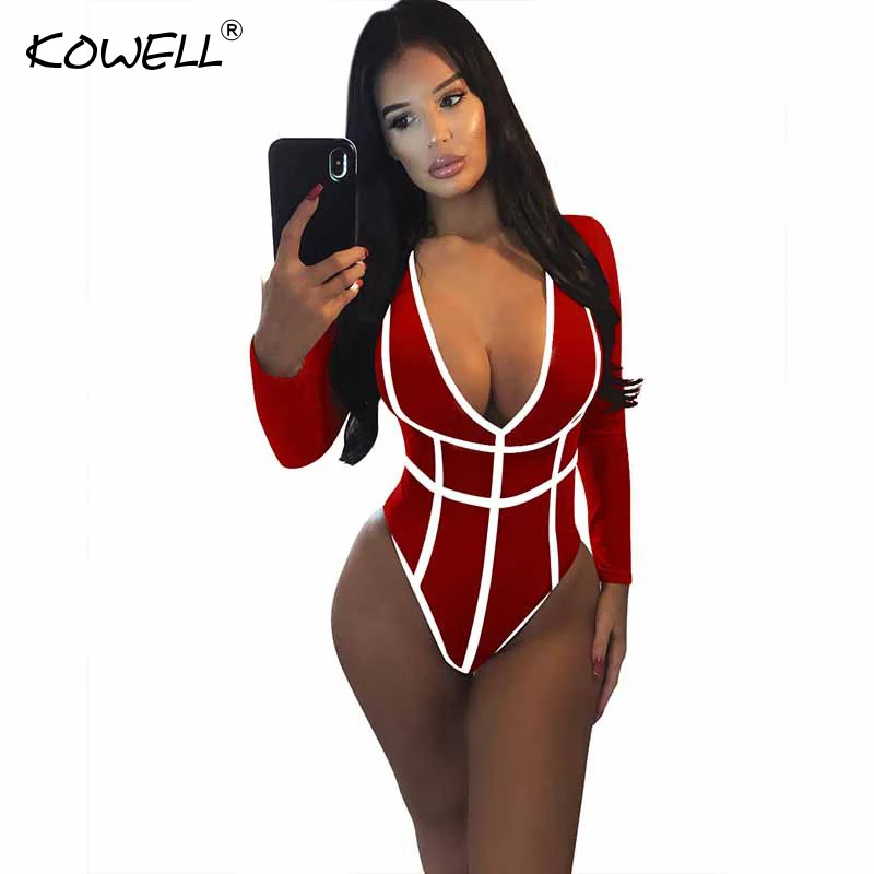 Hot Sale Panjang Lengan Bodysuit Jumpsuit Wanita Rompers Bodycon Hitam Merah Elegan Patchwork Deep-V One Piece Kurus Seksi bodysuit