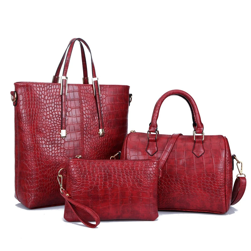 Amberler Fashion PU Leather Women Handbags Luxury Designer Crocodile Pattern 3 Pieces Sets Shoulder Bag High Quality Tote Bags