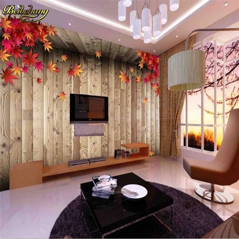 

beibehang Custom Photo 3d Wallpaper Mural Wall Sticker Retro Wooden Board 3D stereo maple leaf TV wall papel de parede