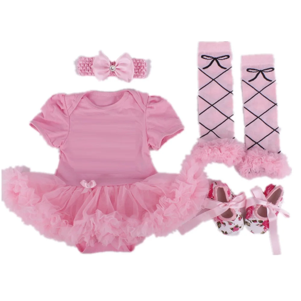 Pink Cartoon Baby Girl Clothes 4 in 1 Sets Newborn Lace Tutu Dress Bodysuit Leg Warmer Legging First Walker Headband Outfit 0-2Y