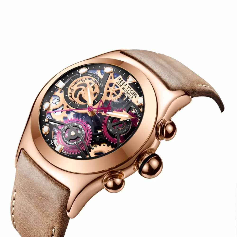 Men's Reef Tiger RT Skeleton Sport Watch Rose Gold Luminous Quartz Movement Genuine Leather Strap RGA792