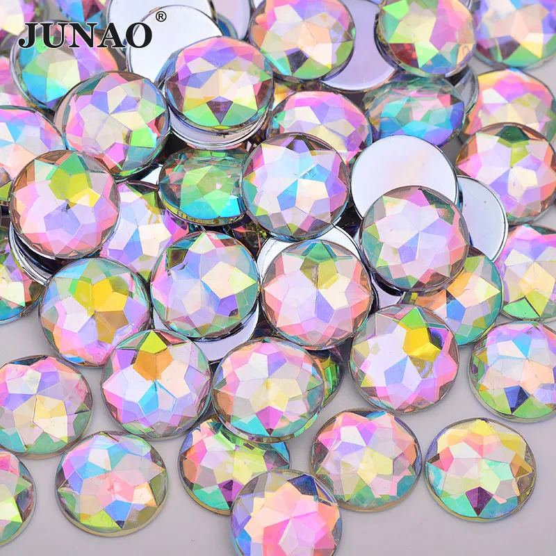 JUNAO 6 8 10 12 14 16 18 20 25 30mm Large Clear White Crystals AB Flatback Big Rhinestone Round Acrylic Stones Non Sewn Strass