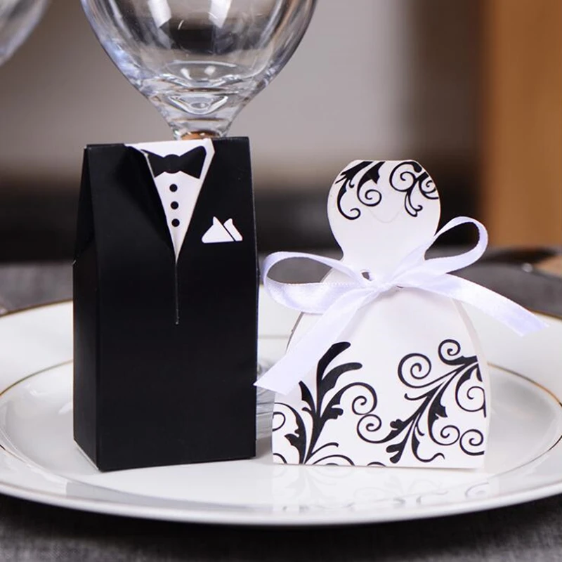 

100set/lot 5 designs wedding tuxedo white dress bride & groom wedding favors candy boxes wedding figt boxes