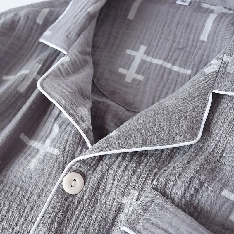 Pijama de 100% para hombre, ropa de dormir de algodón de manga corta, ropa de verano arrugada, suelta y de ocio, de talla grande