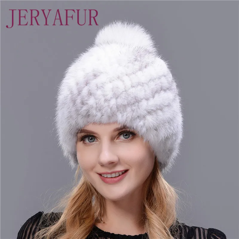 Hot Style Winter Hat Warm Women Knitting Caps Mink hats 3 Colors Available Shape Hat With Fox Pompom Hat