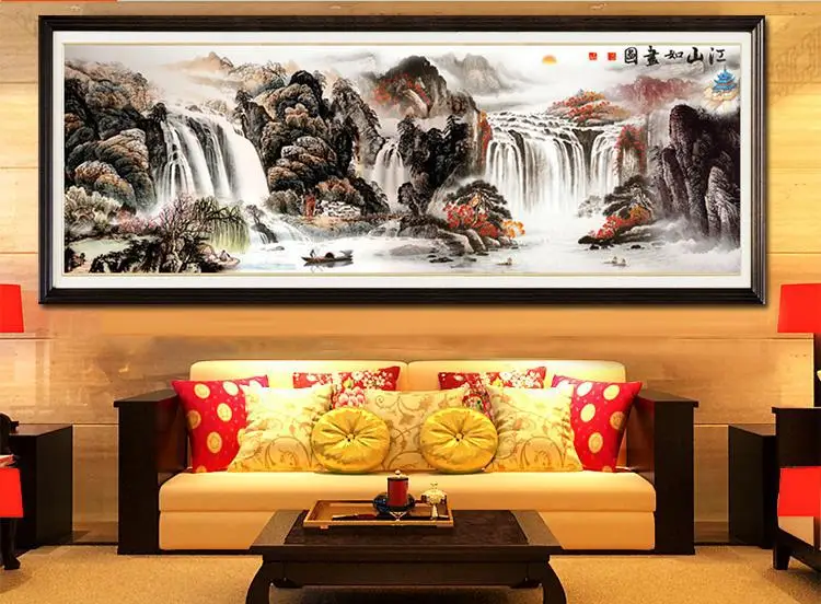 Needlework Art Craft Cross stitch,Full Embroidery Kit,Rich River Mountains Waterfall Chinese Scenic Cross-Stitch Wall Decor