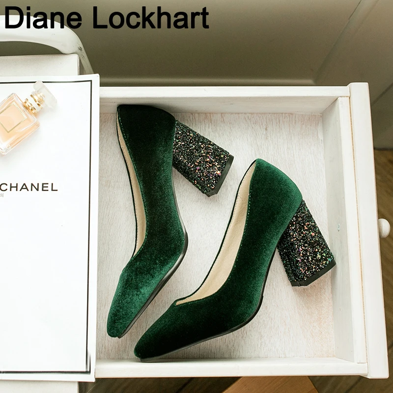 Big Size Women Pumps Velvet High Heels Ladies Shoes Elegant Pointed Toe Wedding Female Shallow Shoes Green Autumn 32 41 42